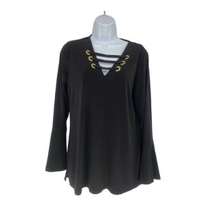 Michael Kors Black Stretch Pullover‎ V Top Blouse Bell Sleeves Crisscross M